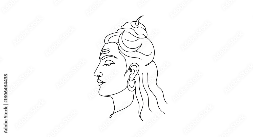 Line art illustration of the Hindu god Shiva in profile, showcasing his iconic hairstyle and third eye. Line art illustration of the Hindu god Shiva in profile, showcasing his iconic hairstyle and third eye.