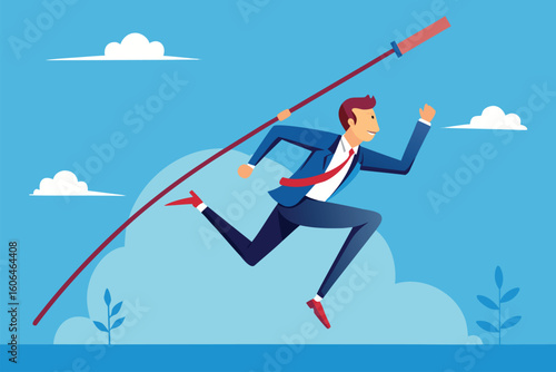 Pole vaulting toward business goals with determination and focus in a vibrant sky setting