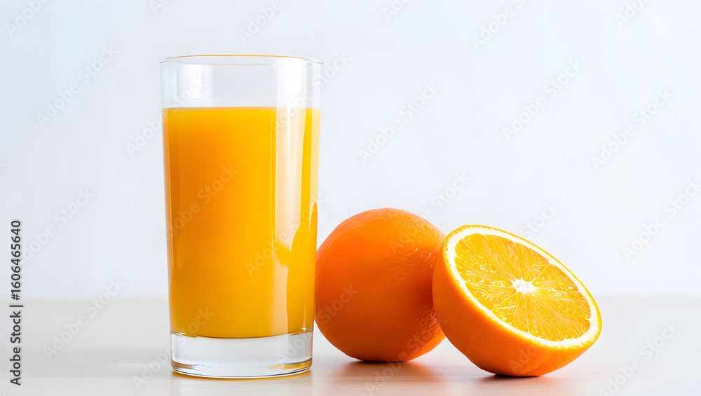Glass of orange juice with an orange and slice Glass of orange juice with an orange and slice