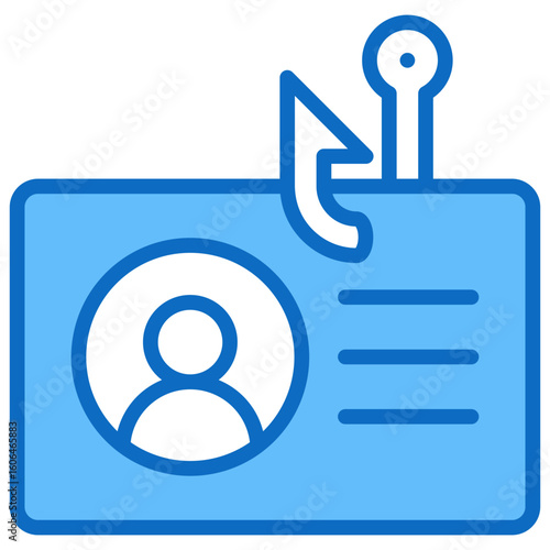 Hooked Id Card Blue Fill Outline Vector Icon Design - ID card with a hook symbol, representing identity theft, data phishing, or personal data being targeted or manipulated.