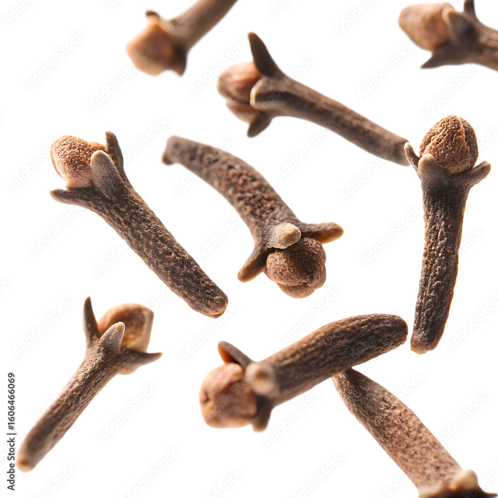 Fototapeta premium Aromatic spice cloves scattered isolated on a transparent background brown