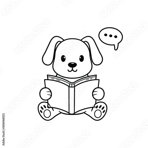 Cute dog doodle staring happily at a book