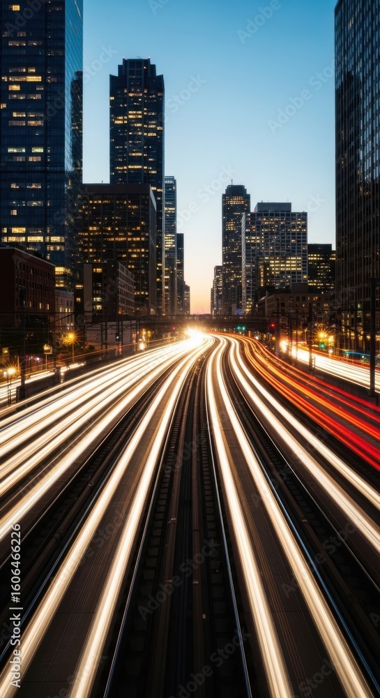 Fototapeta premium City skyline at night with light streaks from traffic on a highway
