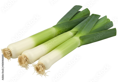 Freshly harvested leeks arranged neatly on a white background, showcasing their vibrant green tops and clean white stalks