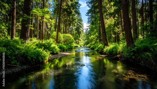 Lush forest stream in sunlight