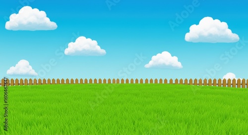 Cartoonish illustration of a grassy field with a wooden fence under a clear blue sky with puffy clouds.