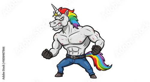 An intimidating muscle unicorn with a chiseled physique and colorful rainbow hair, depicted as an angry cartoon mascot ready for battle.