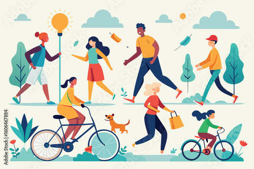 Outdoor activities in a vibrant park featuring people biking, walking, and enjoying the sunshine during a bright afternoon