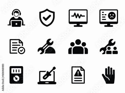 Black Icons of Tech Support, Security, and Troubleshooting