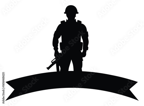 Silhouette of Armed Soldier with Banner Design Honoring Military Service and Sacrifice for Freedom and Democracy