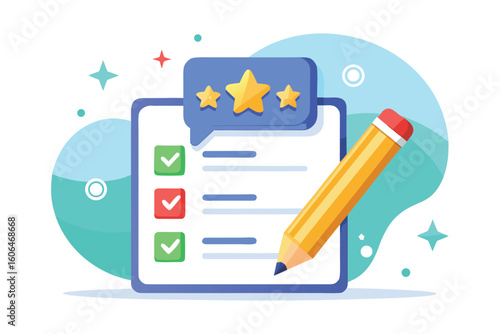 Pencil with five-star review on checklist showing customer feedback and engagement in creative evaluation process