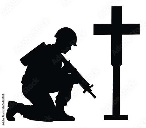 Silhouette of kneeling soldier with rifle near cross symbol for Remembrance Day and Memorial Day honoring fallen heroes