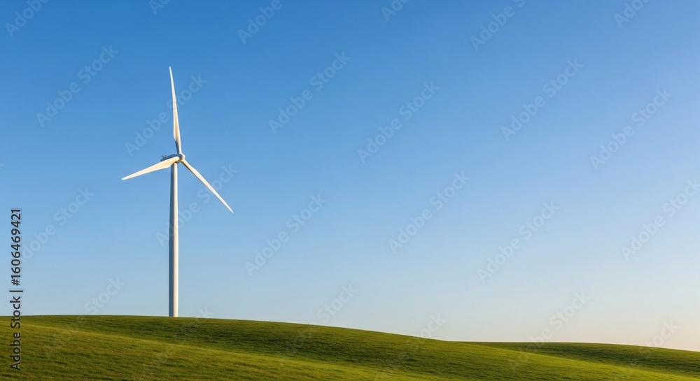 A white wind turbine stands on a green grassy hill under a clear blue sky, symbolizing renewable energy and environmental sustainability. A white wind turbine stands on a green grassy hill under a clear blue sky, symbolizing renewable energy and environmental sustainability.