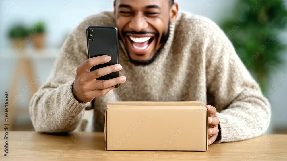 Close-up of person holding smartphone in one hand and resting other on sealed package box on table, casual home delivery experience delivery package, checking order, cardboard parc