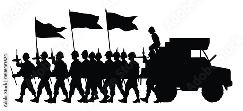 Silhouette of Military Parade with Soldiers Flags and Armored Vehicle in Striking Monochrome Image Capturing Strength and Discipline