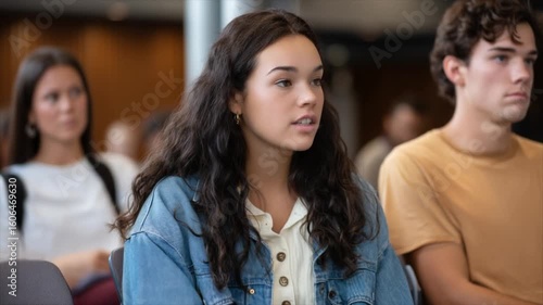 A young woman in her late teens is sitting at the college