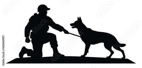 Silhouette of Soldier on Knee with Loyal Military Dog Symbolizing Service Sacrifice and Dedication to Duty