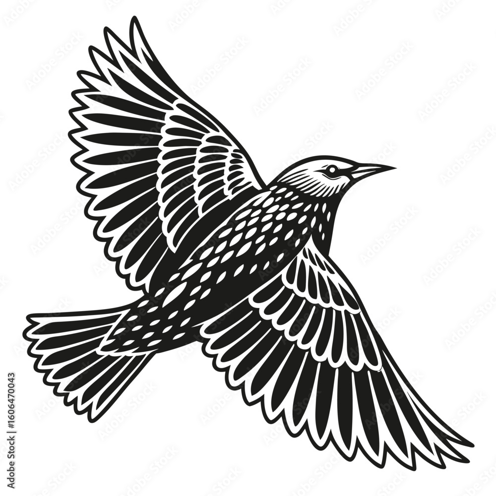 Obraz premium Dynamic Starling in Flight A Bold Black and White Avian Silhouette Design