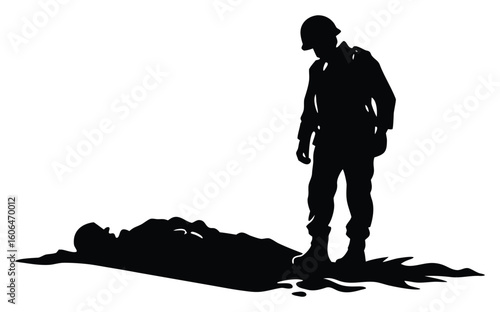 Silhouette of Soldier Standing Over Fallen Comrade Reflecting on War and Loss in Stark Contrast Against White Background