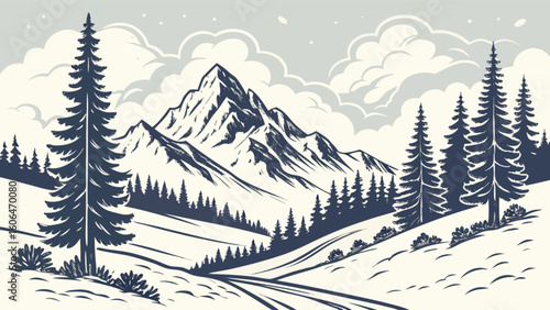 Mountain landscape drawing vector illustration with pine trees and snow covered peaks for winter travel art
