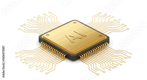 Gold Isometric AI Processor Chip with Outward Circuit Connections - Digital Brain