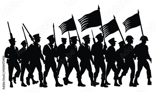 Silhouette of Soldiers Marching in Formation with Flags and Rifles in a Powerful Display of Unity and Strength