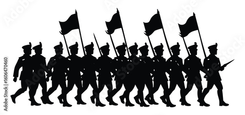 Silhouette of Soldiers Marching in Formation Carrying Flags and Weapons Represents Military Parade or Historical Reenactment