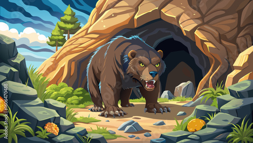 A cave bear sniffs around a rocky hillside cave, its claws scraping across the stone as it explores.