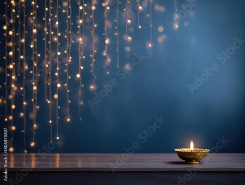 Decorative oil lamp with flames on table against blue background  