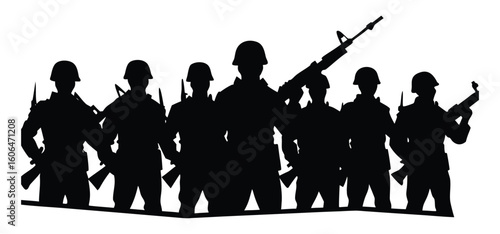 Silhouette of Soldiers with Rifles Standing in Formation Representing Military Strength and National Defense Showing Resolve and Unity