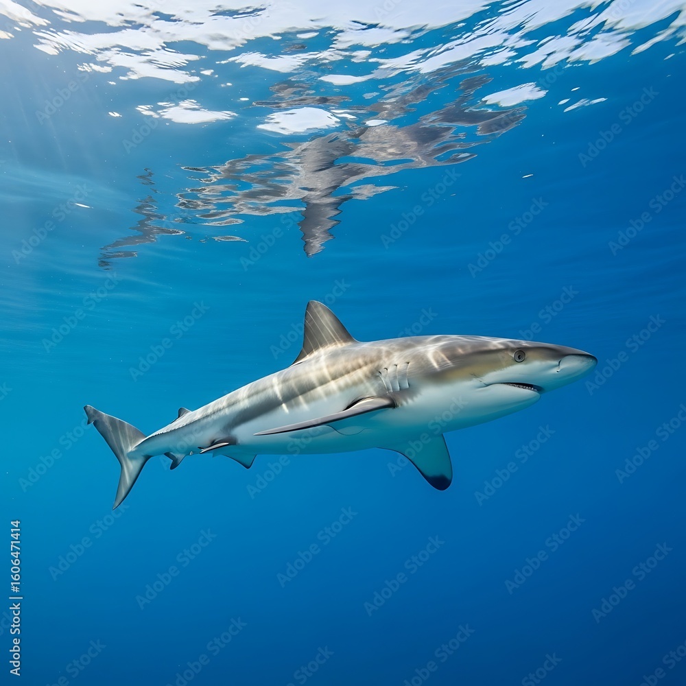 Fototapeta premium Grey shark swimming in deep blue water.