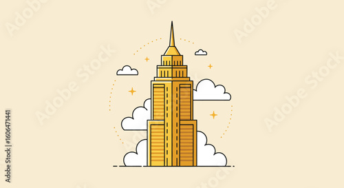 Skyscraper Above the Clouds in a Bright Blue Sky