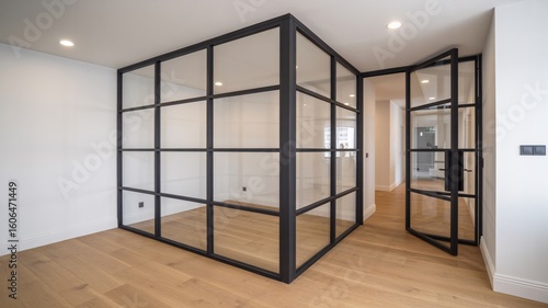 Modern interior design with glass partition and black metal frame creating stylish room separation