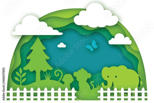 Cute jungle animals in a layered paper art style with trees, clouds, and fence in a nature scene