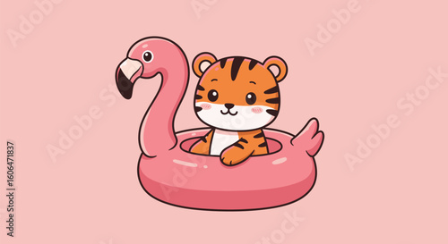Adorable Tiger Cub on a Pink Flamingo Pool Float