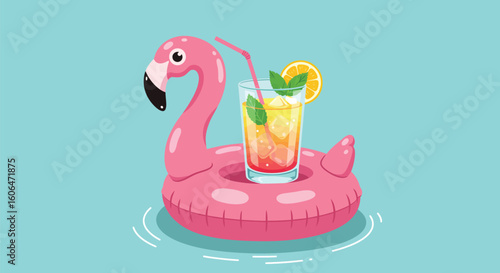 Pink Flamingo Pool Float with Refreshing Drink