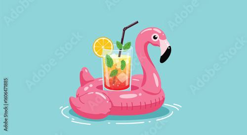 Pink Flamingo Pool Float with Refreshing Drink