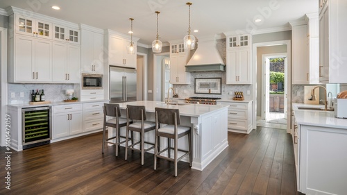 Modern kitchen design with white cabinets island lighting and wood floors home interior design style idea