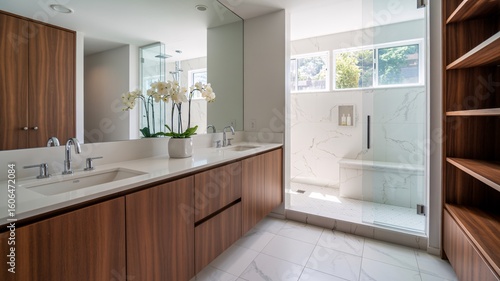 Modern bathroom design with wood vanity and marble shower for home renovation and interior styling ideas