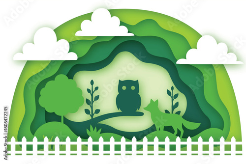 Forest animals in layered paper cut style with owl and fox in green nature landscape with trees and clouds