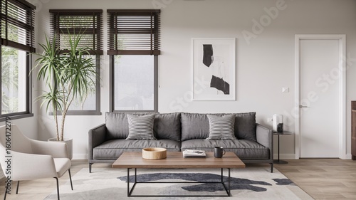 Modern living room design with gray sofa coffee table and plant interior home decor ideas designs