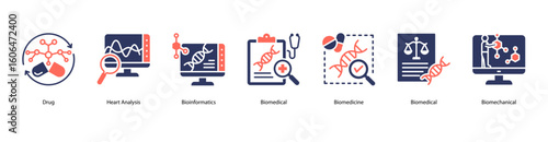 Biomedical innovation web banner icon vector illustration showing Drug, Heart Analysis, Bioinformatics, Biomedical, Biomedicine, Biomedical, and Biomechanical.