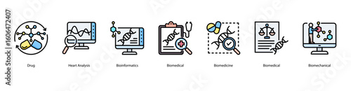 Biomedical innovation web banner icon vector illustration showing Drug, Heart Analysis, Bioinformatics, Biomedical, Biomedicine, Biomedical, and Biomechanical.