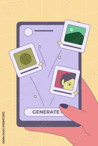 A hand holds a smartphone generating various image thumbnails using AI content creation technology.