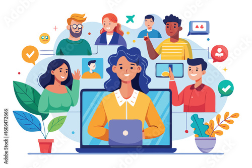 Engaging online meeting with multiple participants exchanging ideas and discussions in a virtual atmosphere featuring diverse individuals from different backgrounds