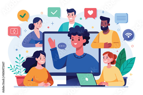 Virtual meeting with diverse participants engaged in a thoughtful discussion during an online video conference, showcasing a collaborative atmosphere enhanced by digital interaction tools