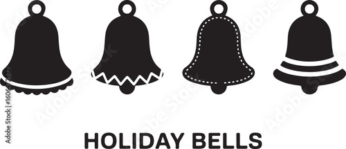 Decorative Holiday Bell Silhouettes – Four Black Icons Featuring Unique Bases Including Zigzag, Dotted, Layered, and Festive Bell Designs