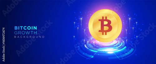Bitcoin Growth Background Vector with Digital Coins Futuristic Technology Elements On Blue Background. Cryptocurrency Concept with Glowing Blockchain Effect Modern Finance