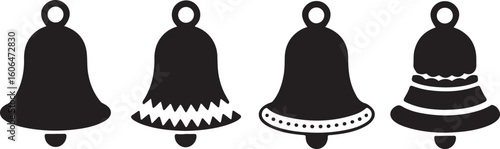 Decorative Holiday Bell Silhouettes – Four Black Icons Featuring Unique Bases Including Zigzag, Dotted, Layered, and Festive Bell Designs