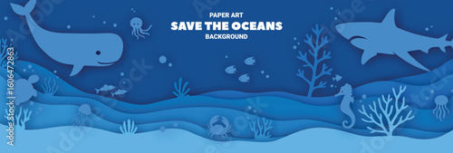Underwater ocean life scene with whale, shark, seahorse, and coral in layered paper cut art style